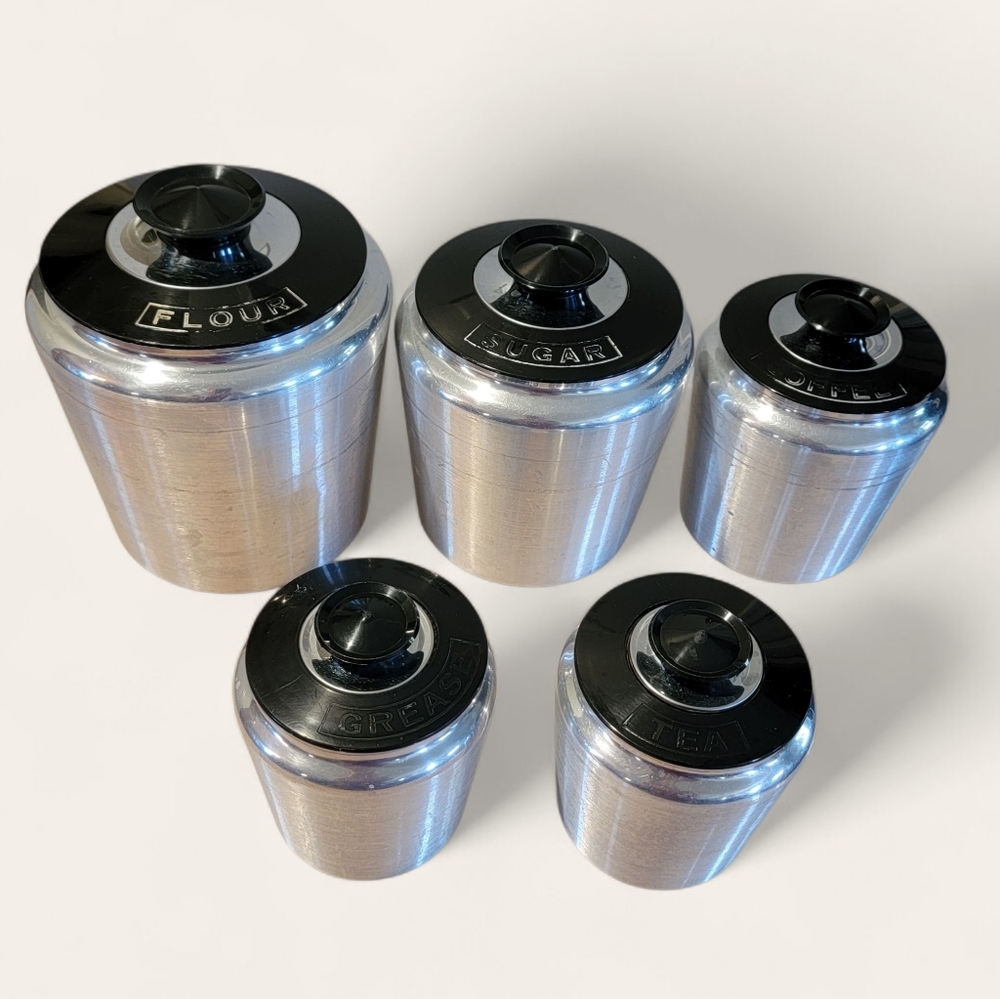 Vintage Kromex Aluminum Round Kitchen Canister Set of 5‎